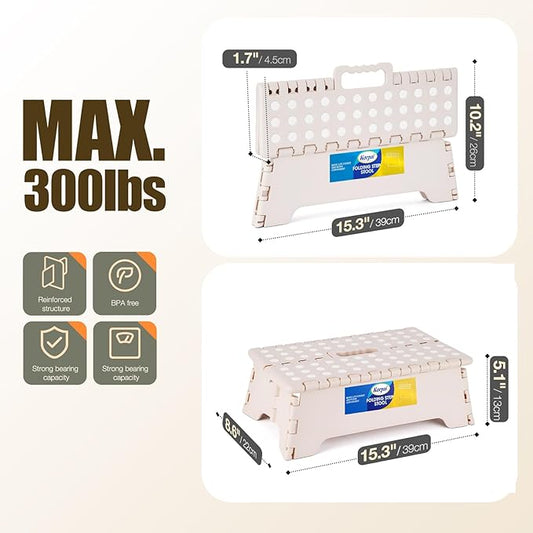 Korpai 5" Folding Step Stool for Adults and Kids 15-Inch Extra Wide Stool Holds Up to 300 lbs,Non-Slip Folding Stools with Handle,Compact Plastic Foldable Step Stool for Bathroom,Kitchen,ect, Khaki