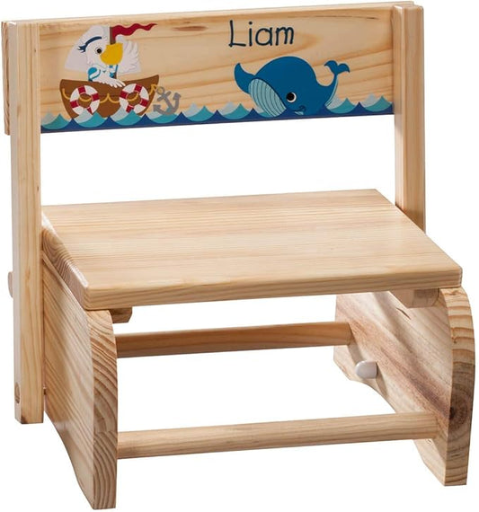 Custom 2-in-1 Children's Step Stool and Chair, Customized with Kid’s Name, Ocean Design