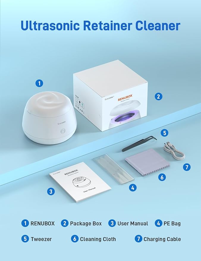Ultrasonic Retainer Cleaner, EVA BELLE Rechargeable Denture Cleaner Machine, Tooth Cleaner MouthGuard Cleaner, Portable Retainer Cleaner for Night Guards, Braces, Aligner, Toothbrush, Jewelry and More