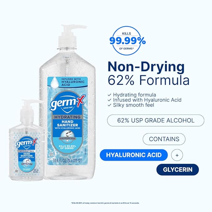 Germ-X Hydrating Hand Sanitizer, with Hyaluronic Acid, 8 FL Oz (Pack of 6), No Rinse Formula, Sanitizing Liquid Gel for All Skin Types, Formulated without Parabens, Phthalates & Dyes