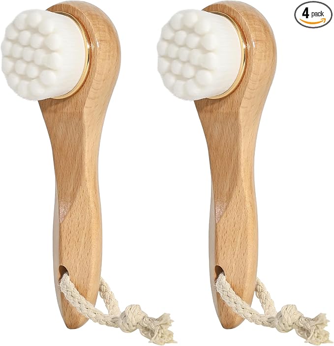 2 Pcs Face Scrubber with Wooden Handle, Facial Cleansing Brushes Face Wash Brush for Deep Pore Cleansing and Exfoliating, Ultra Soft Bristles Manual Dry Brush for Face Care，White