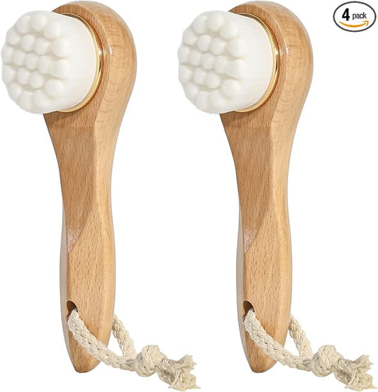 2 Pcs Face Scrubber with Wooden Handle, Facial Cleansing Brushes Face Wash Brush for Deep Pore Cleansing and Exfoliating, Ultra Soft Bristles Manual Dry Brush for Face Care，White