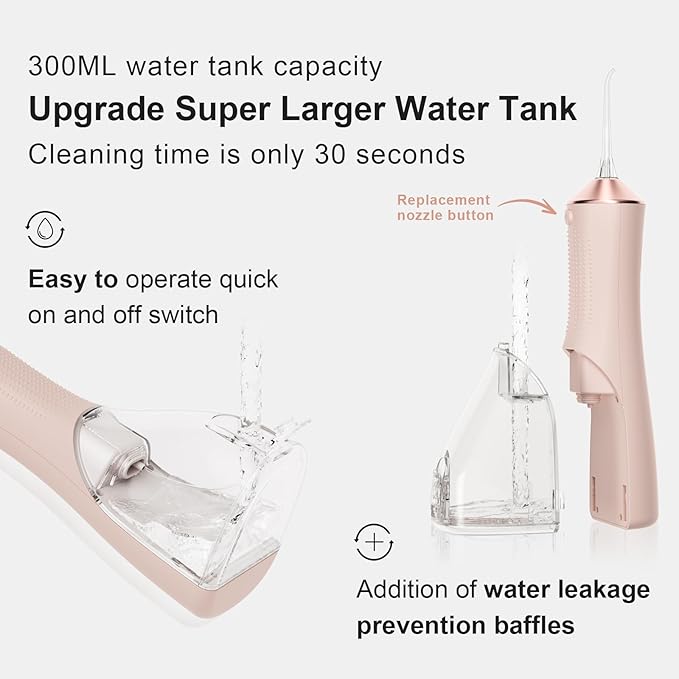 Water Dental Flosser for Teeth, Portable Cordless Water Flosser with 300ML Rechargeable with Type-C, IPX7 Waterproof Water Flossers for Adults with 3 Intensity Modes and 3 Flossing Tips Golden Pink