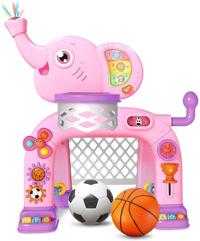 Shemira Toddler Basketball Hoop & Soccer Goal Activity Center Toys with Light & Music,Elephant Toddlers Musical Toys Gift, Baby & Toddlers Christmas Birthday Gift for 1 2 3 Year Old Boys & Girls