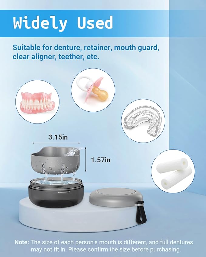 Denture Bath Case, Denture Cup, Leak Proof Portable Retainer Case, Denture Cleaning Kit with Cleaner Brush, Denture Box with Strainer & Mirror, Denture Case for Aligner Retainer Mouth Guard (Gray)