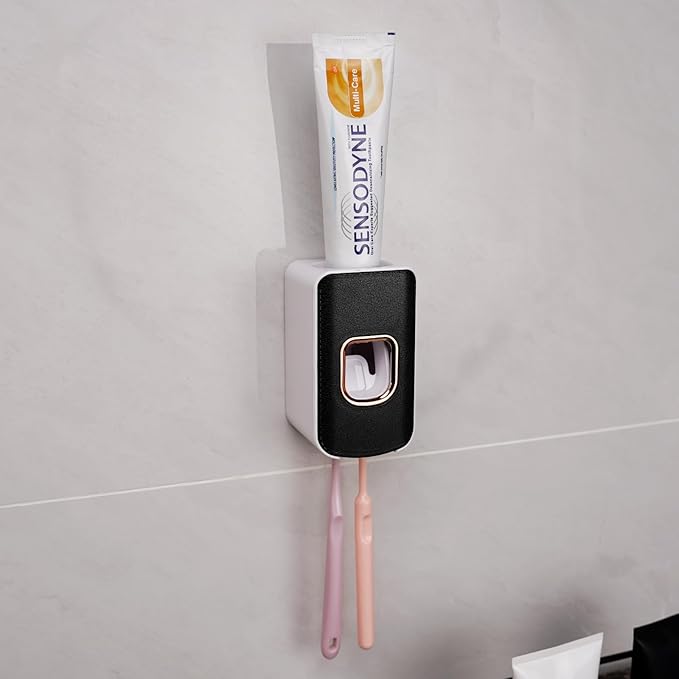 2 Slot Plastic Toothbrush Holder and Toothpaste Dispenser Wall Mounted, Automatic Toothpaste Squeezer, 2 in 1 Tooth Brush Toothpaste Organizer for Shower (Black)