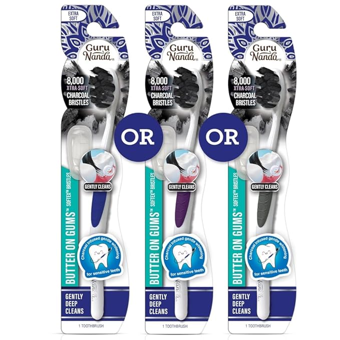 GuruNanda Butter on Gums Charcoal Toothbrush - 8,000+ Softex Bristles for Sensitive Teeth & Gums, Aids in Teeth Whitening, Extra Soft (1 Count)