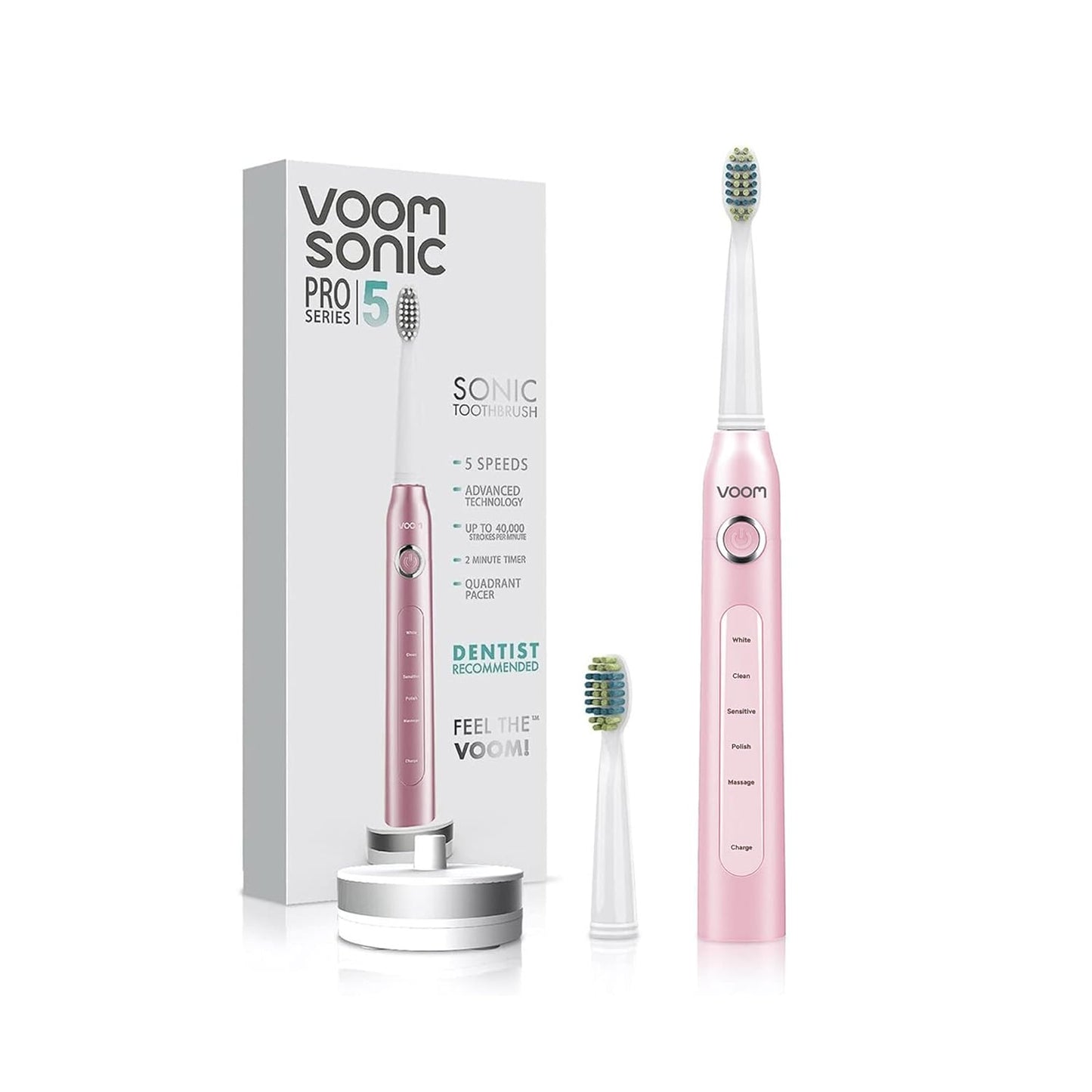 Voom Sonic Pro 5 Series Rechargeable Electronic Toothbrush + Pro 3/Pro 6-Replacement Heads - 2 Minute Timer with Quadrant Pacing, 5 Adjustable Speeds, Soft Dupont Nylon Bristles, Pink