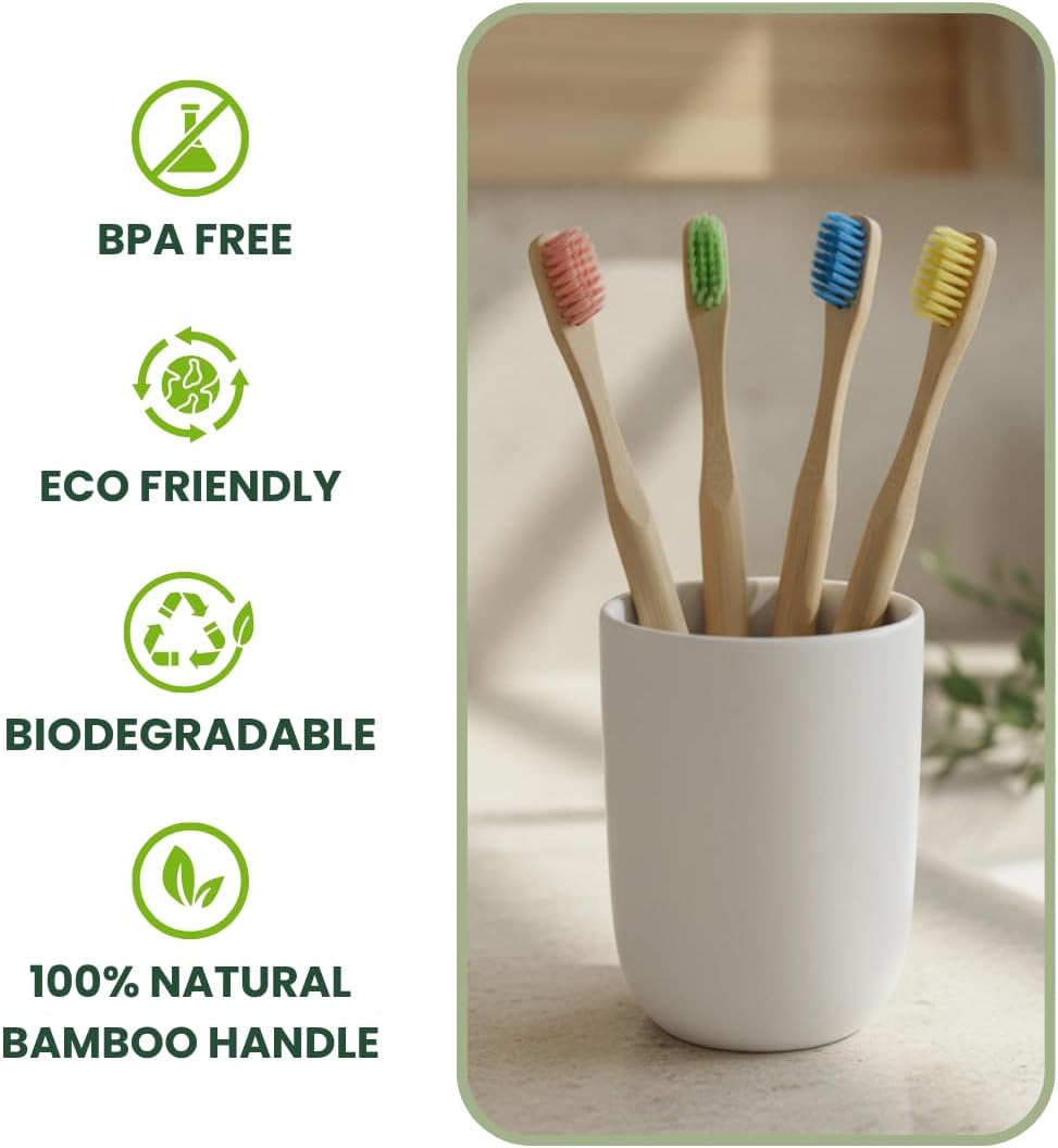 Bamboo Toothbrush Soft Bristles 4 Pack – Eco-Friendly, Natural Wooden Handle, BPA-Free, Vegan, Biodegradable, Plastic-Free Packaging, Family Set