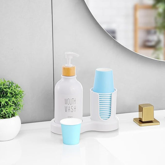 VITVITI Mouthwash Dispenser for Bathroom, Mouth Wash Dispenser Container with Paper Cup Holder, 17OZ Plastic Refillable Pump Mouthwash Bottle Decanter with Tray (White)