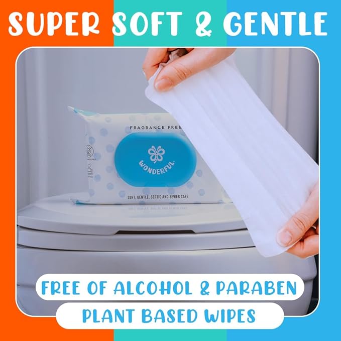 WONDERFUL Flushable Butt Wipes, Variety 100% Plant-Based Wet Wipes for Adults & Kids; Sewer, Septic Safe; Gentle for Sensitive Skin, Wipes Flushable Pack for Bathroom & Travel, 3-Pack (180 Count)
