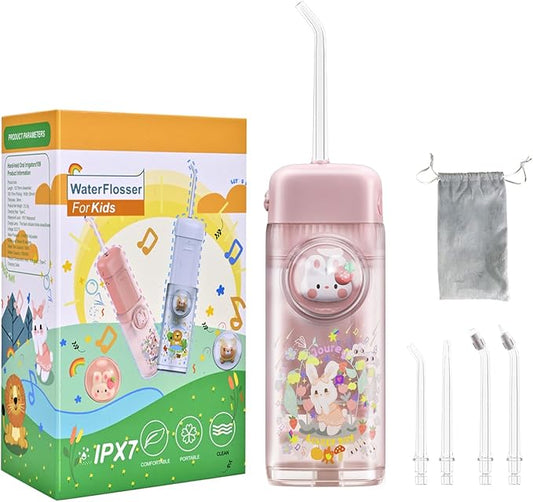Kids Water Flosser,3 Modes Cordless Portable Water Teeth Cleaner,4 Replaceable Nozzles,IPX7 Waterproof Oral Irrigator Rechargeable,Professional Flossing Cleaning Picks for Home Travel (Pink)