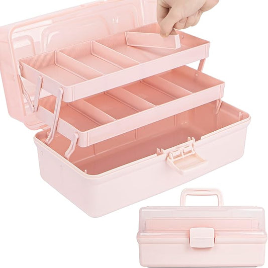 14in 3-Layer Multipurpose Craft Organizers and Storage with Adjustable Dividers, Portable Tackle Box, Folding Art & Craft Case for Medicine, Tool, Sewing Organizer (Pink, X-Large)