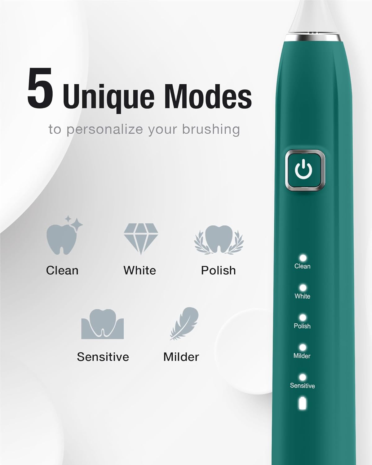 7AM2M Sonic Electric Toothbrush with 6 Brush Heads for Adults&Kids, One Charge for 120 Days, Wireless Fast Charge, 5 Modes, 40000VPM Powered Toothbrush, 2 Minutes Built in Smart Timer - Peacock Green