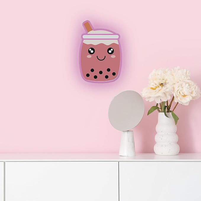 Bubble Tea NEON Wall Sign, Cute Drink LED Light, Wall Decor, Perfect for Holiday and Birthday Gift, Party Decor, Pink Bubble Tea with face for Kids Room, Bar, Restaurant