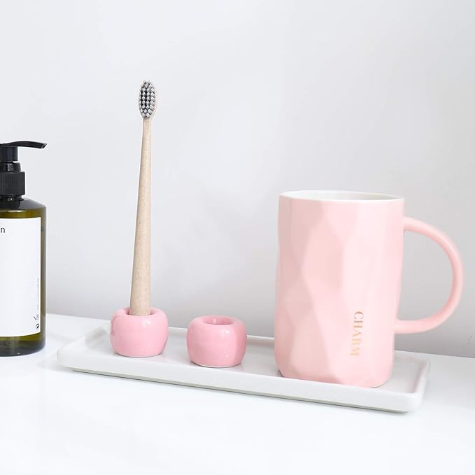 AirMoon Mini Ceramic Toothbrush Holder for Bathroom - Pink Small Countertop Organizer, Easy Clean Toothbrush Stand, Suit for Electric Toothbrush Head, Pens & Coffee Spoon, Pack of 2