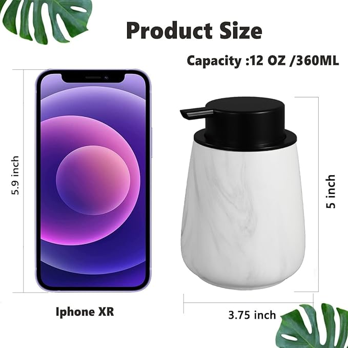 12Oz Foaming Hand Soap Dispenser - Ceramic Bathroom Foam Soap Dispenser with Easy-to-Press Black Pump, Refillable Lotion Hand Dispenser, Dish Soap Dispensers for Kitchen, Marble White