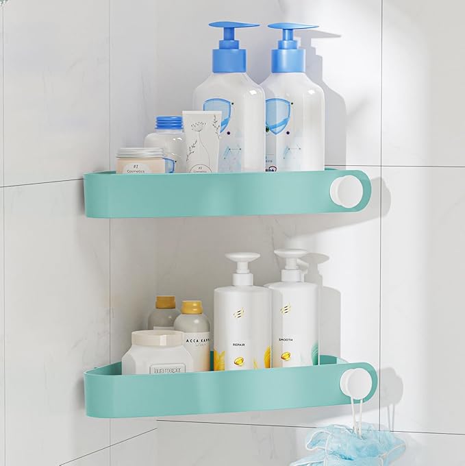 Sotfamily Shower Caddy Corner, 2 Pack Adhesive Corner Shower Shelves for Bathroom Organizers and Storage, Rust Free Plastic Rack for Bathroom Accessories & Decor, Turquoise