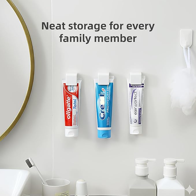 4 Pack Toothpaste Holder by JM.JEEMI, Toothpaste Clips for Bathroom, Tooth Paste Organizer Holder Gripper for Face Cream Tubes with 1 Toothpaste Squeezer - Wall Mounted, White, Small