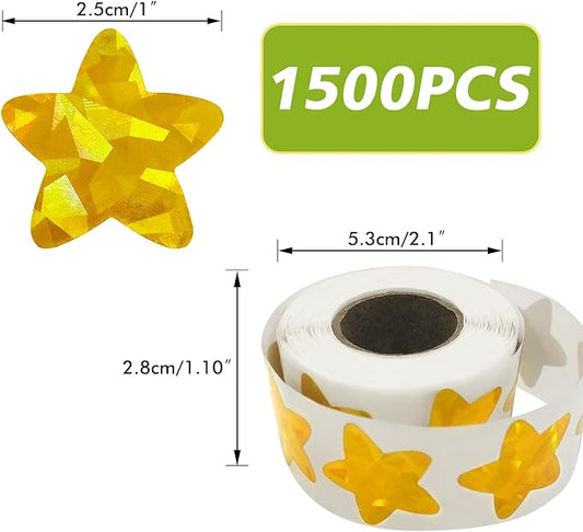 3 Rolls Gold Star Stickers,1500Pcs Holographic Shiny Metallic Foil Star Stickers for Kids Reward, Student Planner and School Classroom Teacher Supplies