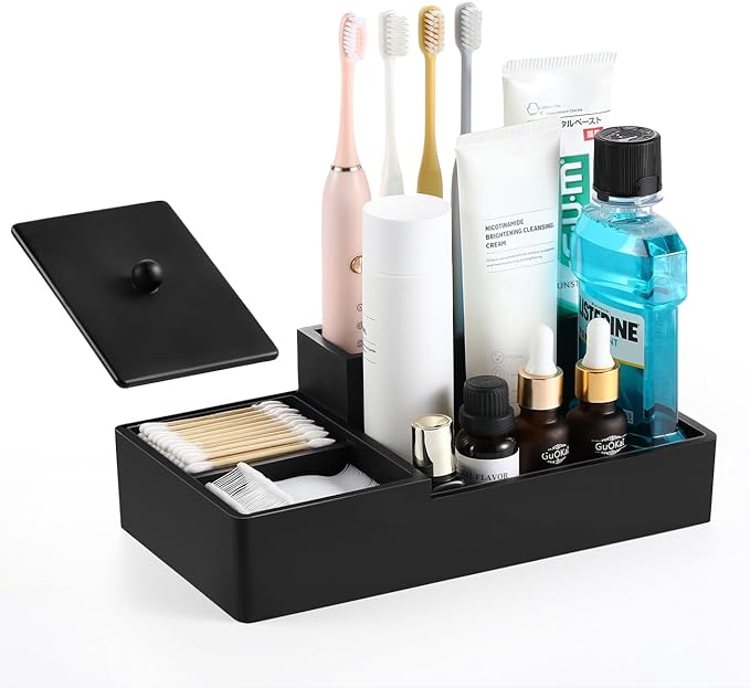 Luxspire Bathroom Counter Organizer - 5 Slot Toothbrush Holder with Lid for Cotton Balls, Q-Tips, Floss - Matte Black