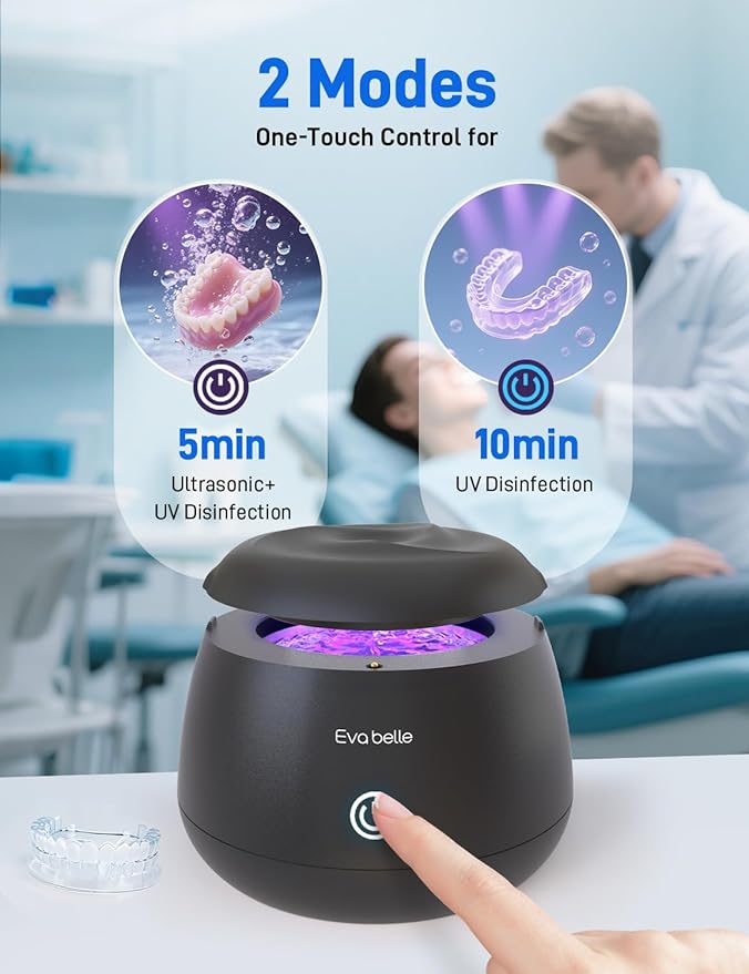 Ultrasonic Retainer Cleaner, EVA BELLE Denture Retainer Cleaner Machine, Tooth Cleaner for Oral Dental Care, Portable Rechargeable Dental Cleaning Pod for Night Guards, Braces, Aligner, Jewelry