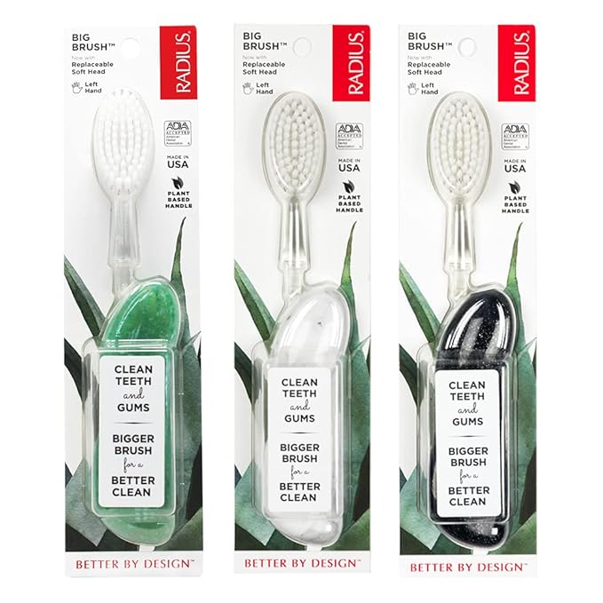 RADIUS Big Brush with Replaceable Head BPA Free & ADA Accepted Toothbrush Designed to Improve Gum Health & Reduce Gum Issues - Left Hand - Midnight Sky/Marble/Soda Pop Eco Grind - Pack of 3
