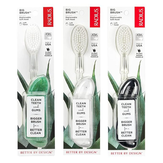 RADIUS Big Brush with Replaceable Head BPA Free & ADA Accepted Toothbrush Designed to Improve Gum Health & Reduce Gum Issues - Left Hand - Midnight Sky/Marble/Soda Pop Eco Grind - Pack of 3