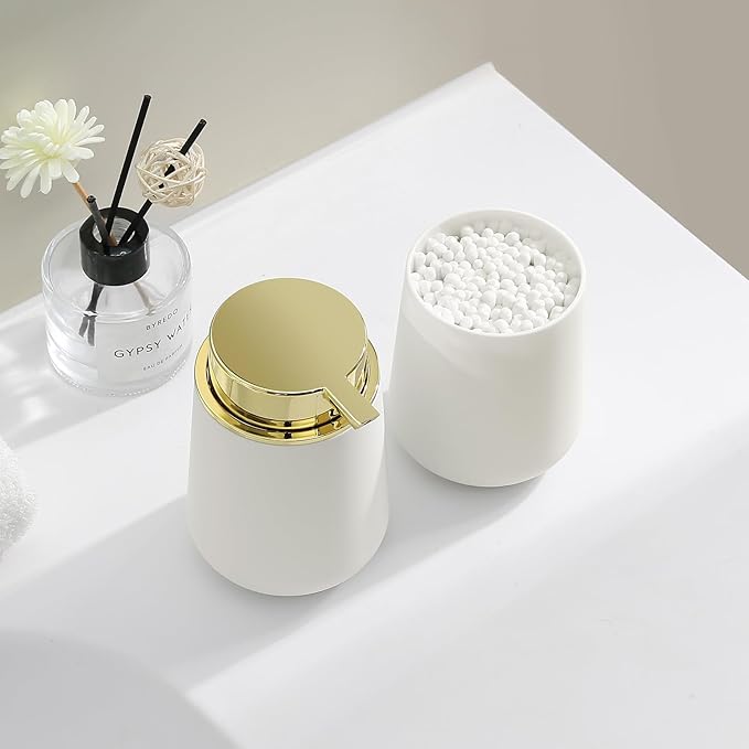 White and Gold Bathroom Accessories 2 Piece Set Luxury Matte Plastic Soap Dispenser and Toothbrush Holder for Modern Bathroom Decor