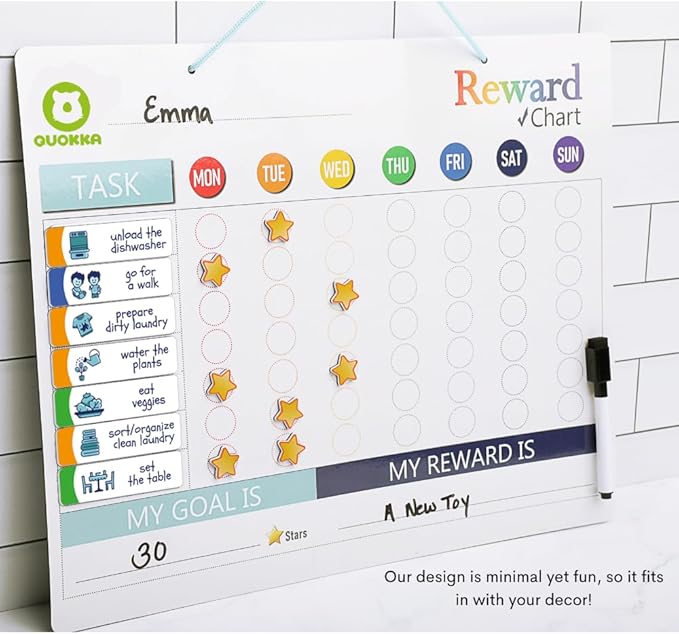 QUOKKA Reward Chart for Kids - Magnetic Behavior Chore Chart for Kids at Home - Dry and Erase Routine and Responsibility - Use 84 Magnets & 102 Stars - from Toddlers to Teens - Version 1 Extended