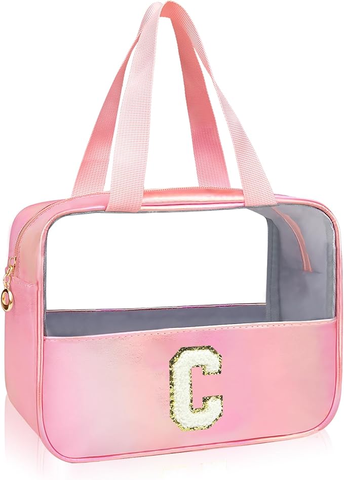Initial Clear Makeup Bag Personalized Pink Clear Cosmetic Bag, Cute Large Make Up Bags Organizer Bag, Travel Toiletry Bag for Women Girl Gifts C (Pink)