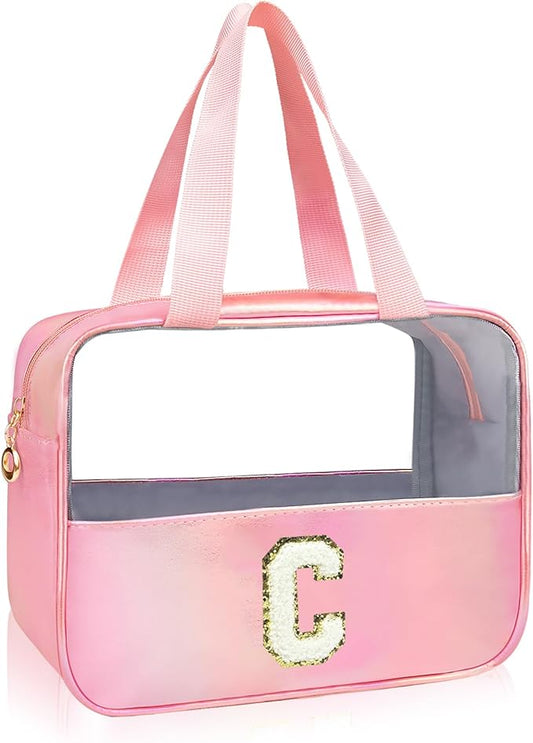 Initial Clear Makeup Bag Personalized Pink Clear Cosmetic Bag, Cute Large Make Up Bags Organizer Bag, Travel Toiletry Bag for Women Girl Gifts C (Pink)