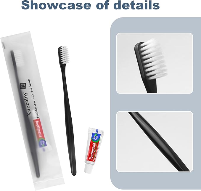 Disposable Toothbrushes with Toothpaste Pack of 50,Black Individually Wrapped Disposable Travel Toothbrush Kit in Bulk for Homeless,Nursing Home,Shelter,Hotel,Charity