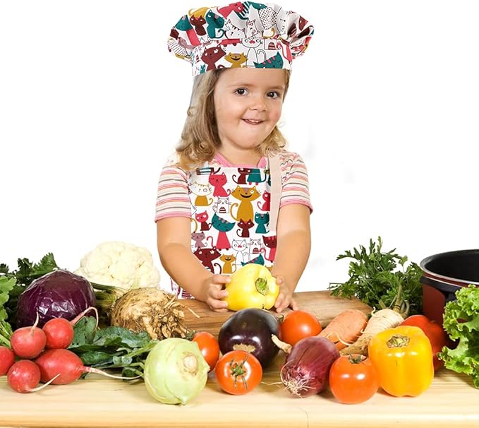 Kids Apron and Chef Hat Set, Adjustable Cotton Child Aprons with Large Pocket Cute Girls Boys Kitchen Bib Aprons for Cooking Baking Painting