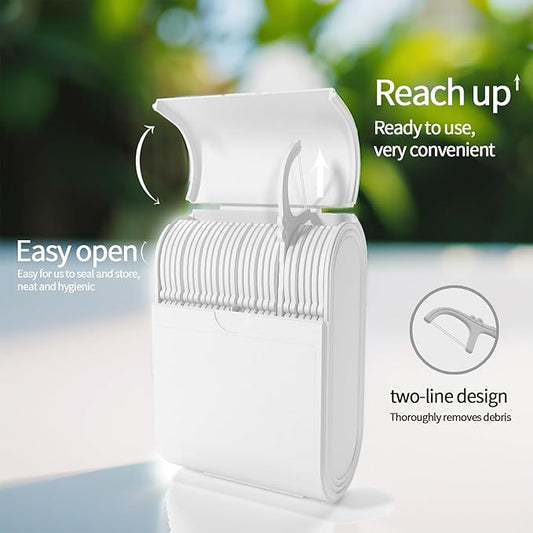 Portable Dental Floss Picks Case 2 Box，52 Count Flosser a Box – Travel Dental Hygiene Kit with Floss Stick and Toothpick Cases -White，Mint Flavored, Twin Line Design.