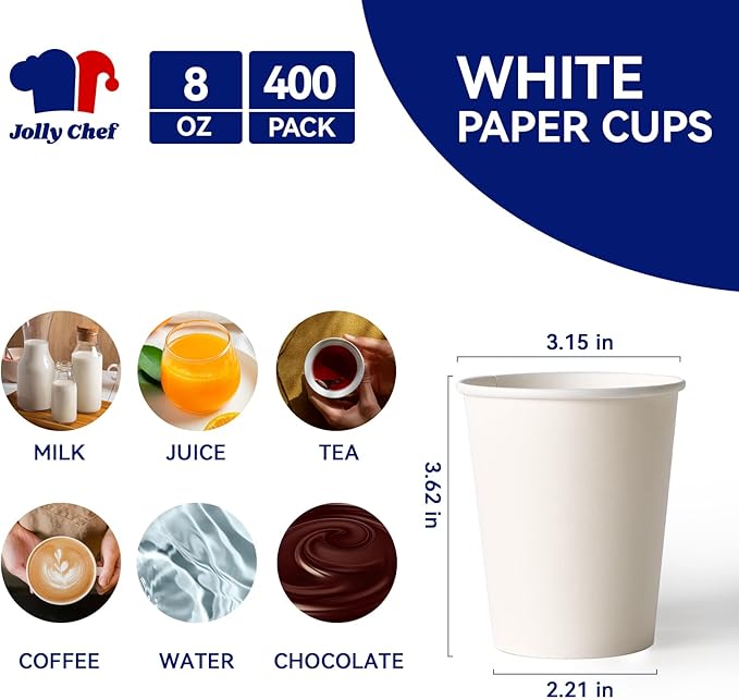 JOLLY CHEF 400 Pack 8 oz Paper Coffee Cups, White Beverages Drinking Cups for Coffee, Water Juice or Tea, Suitable for Party, Picnic, Travel, and Events
