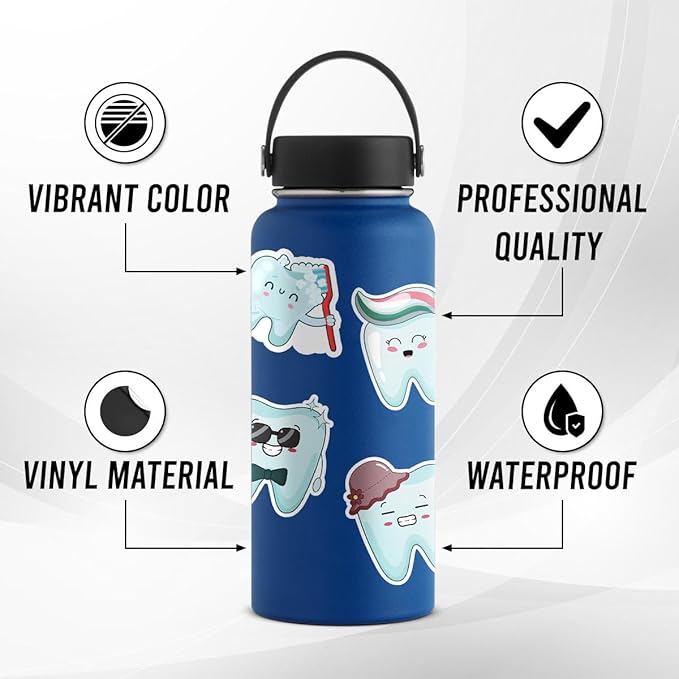 50 Pack Pcs Dental Tooth Stickers for Water Bottles Waterproof Vinyl Laptop Luggage Planner Scrapbooking Dentist Sticker Packs Teens Adults Boys Girls Kids Aesthetic Small Decals