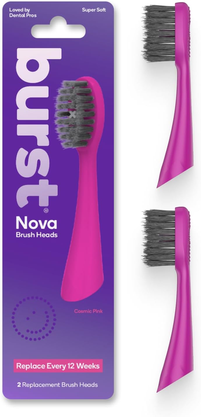 BURST Replacement Heads for Nova Sonic Toothbrush (Pink) | Super-Soft Bristles Reduce Risk of Abrasion & Irritation | Tapered Ends Reach Below The Gumline | for a Whiter, Brighter Smile