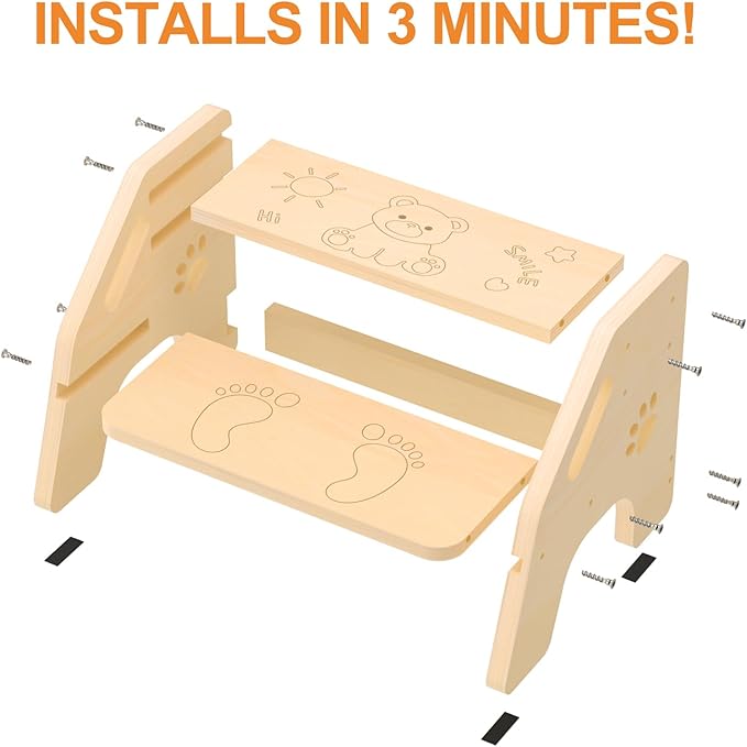 Toddler Step Stool Wooden 2 Step - Height Adjustable Bathroom Sink Helper with Non-Slip Rubber Feet and Cute Design - 300lbs Support Step Stool for Toddlers Kids Baby Use in Kitchen or Toilet