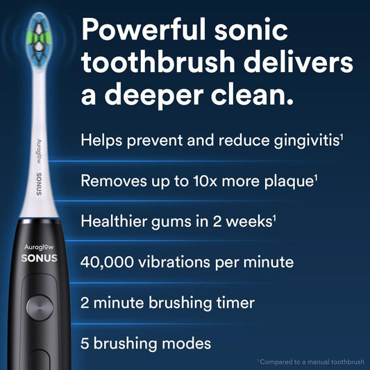 AURAGLOW Sonus Electric Toothbrush, 5 Cleaning Modes, 2 Brush Heads & Travel Case, 40,000 VPM Sonic Toothbrush & Wireless Charging, 30-Day Battery Life with Smart Timer, Black