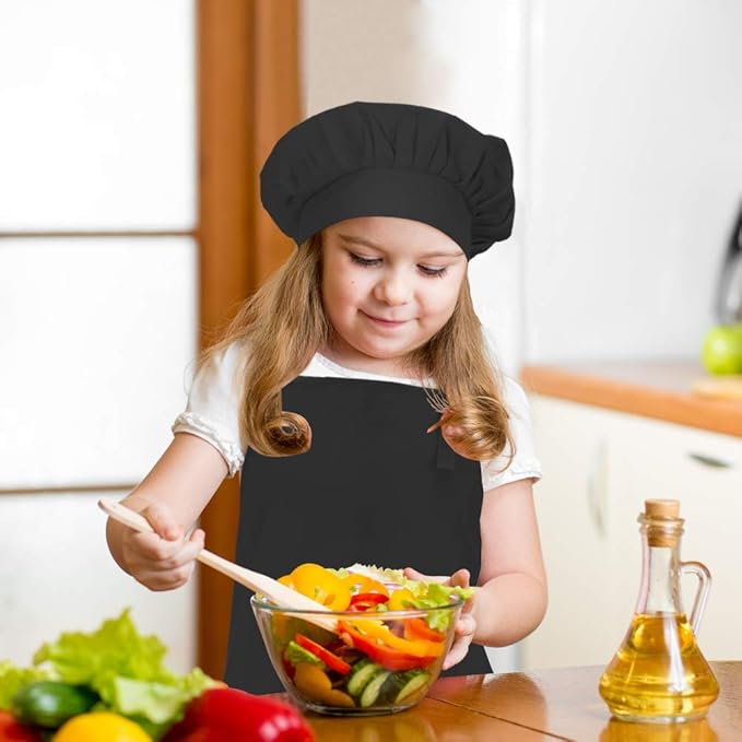 Kids Apron and Chef Hat Set, Adjustable Cotton Child Aprons with Large Pocket Black Girls Boys Kitchen Bib Aprons for Cooking Baking Painting
