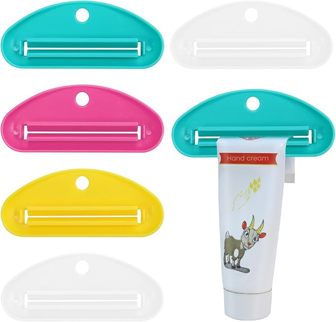 5Pcs Plastic Tooth Paste Tube Squeezer Dispenser, Hanging Roller Tube Squeezer Holder for Saving Toothpaste Creams, Facial Cleanser and Paint, Kid-Friendly Bathroom Accessory (Opaque)