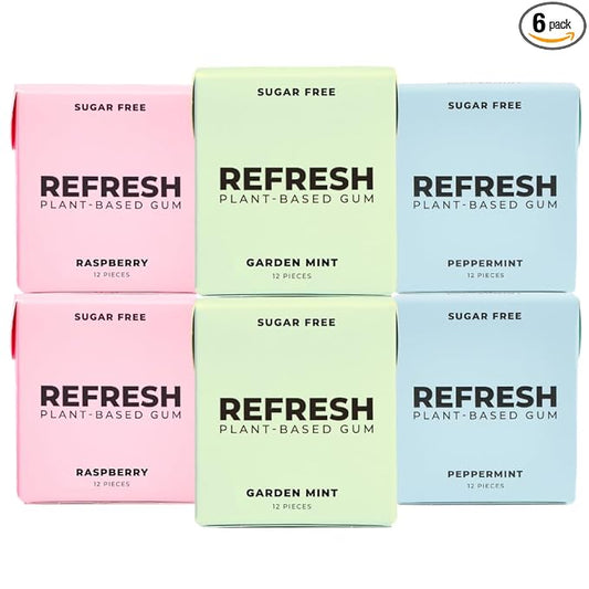 Refresh Gum, Xylitol, Natural, Sugar Free, Plastic Free, Natural Flavors & Organic Ingredients, Plant-Based, Non GMO, Peppermint, Garden Mint & Raspberry Variety Pack, 12 Pcs, 6 Pack