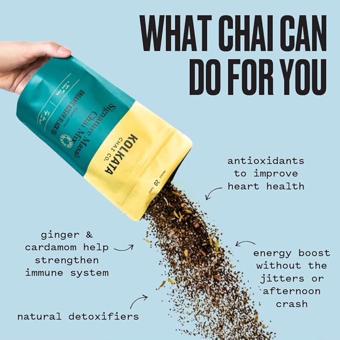 Kolkata Chai Signature Masala Chai mix, 100% Organic Black Tea, Makes 20 cups, Premium loose leaf tea and spice blend, All Natural, 4.23 oz