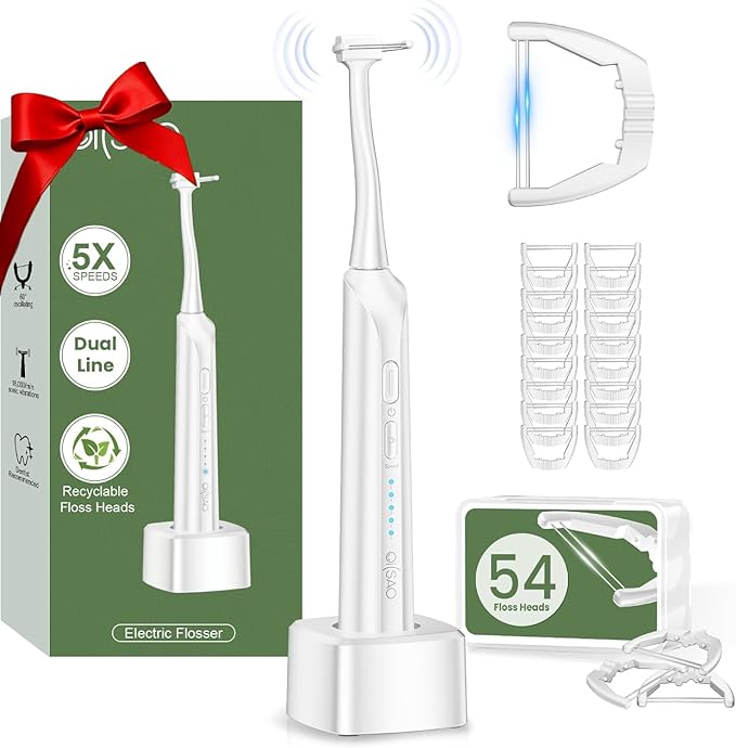 Electric Flosser for Teeth, Water Flosser Alternative with 5 Speeds + 54 Refill Heads, 5X Cleaning & 60 Day Battery Life, Oscillation Gliding for Sensitive Gum Care, Dentist Recommended -White