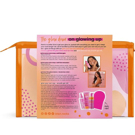 b.tan Clear Self Tanning Gel Travel Size Kit | Glow Your Own Way Gift Set - Includes Mini Dark Fake Tanner Mousse, Gradual Bronzing Face Mist, Express Transfer Free Tan Gel, & Applicator Mitt