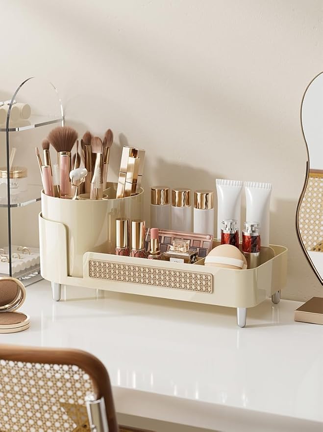 360° Countertop Swivel Cosmetic Organiser, Large Swivel Cosmetic Organiser With Brush Holder For Skincare, Perfume, Beauty Tools Display Case (Cream)