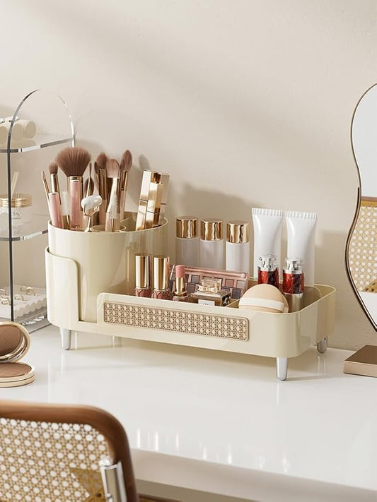 360° Countertop Swivel Cosmetic Organiser, Large Swivel Cosmetic Organiser With Brush Holder For Skincare, Perfume, Beauty Tools Display Case (Cream)