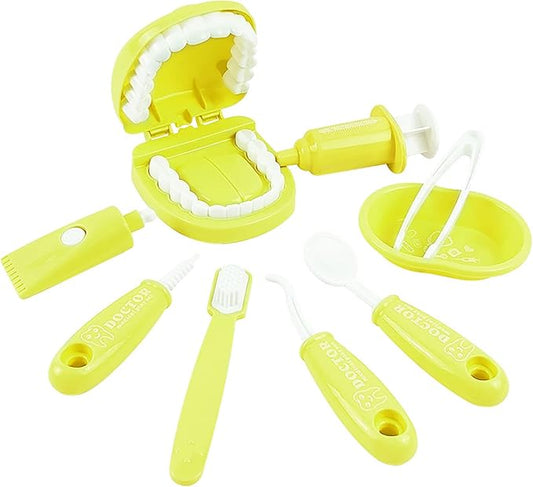 Dental Early Education Brushing Toys, 9Pcs/Set Children Role Play Toy Crocodile Cartoon Tooth Brushing Model Preschool Education Toy Dentist Game for Kids Classroom Yellow