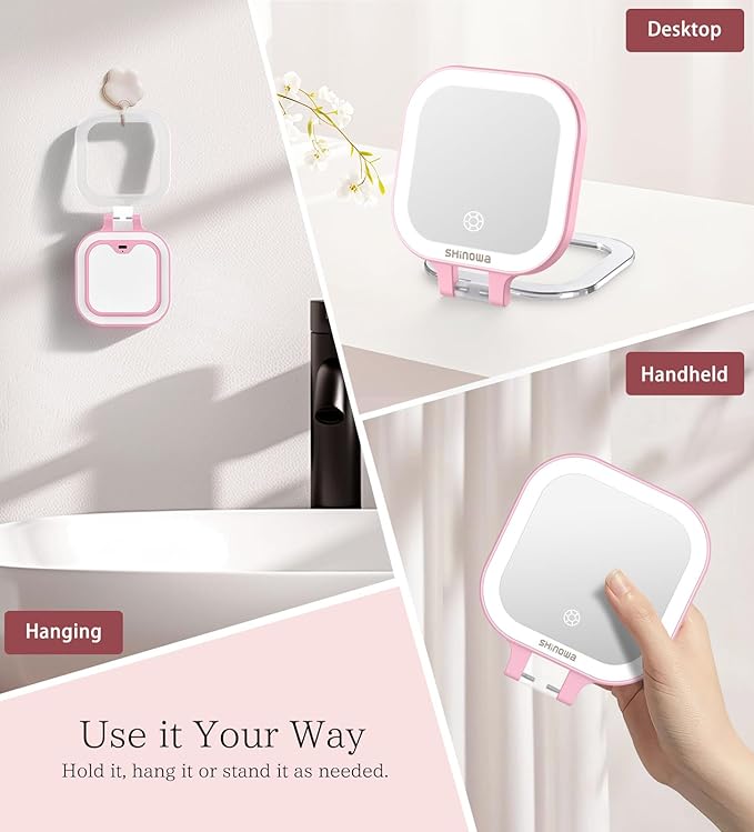 Shinowa Rechargeable Travel Makeup Mirror with 44 LED Lights, 1X/10X Magnifying Vanity Mirror with 3 Color Light, Folding Stand, 4 Inch Portable Dimmable Double Sided Compact Lighted Mirror, Pink